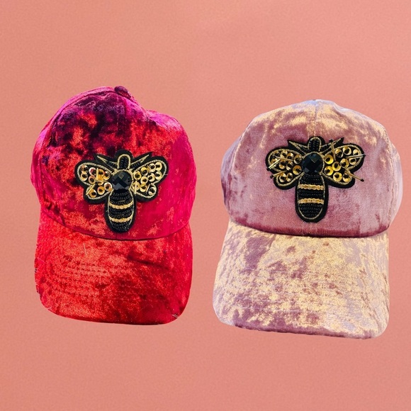 J. Elise Boutique Burgundy Golden Bee Patch Distressed Velour Velvet Fitted Cap - Picture 3 of 12